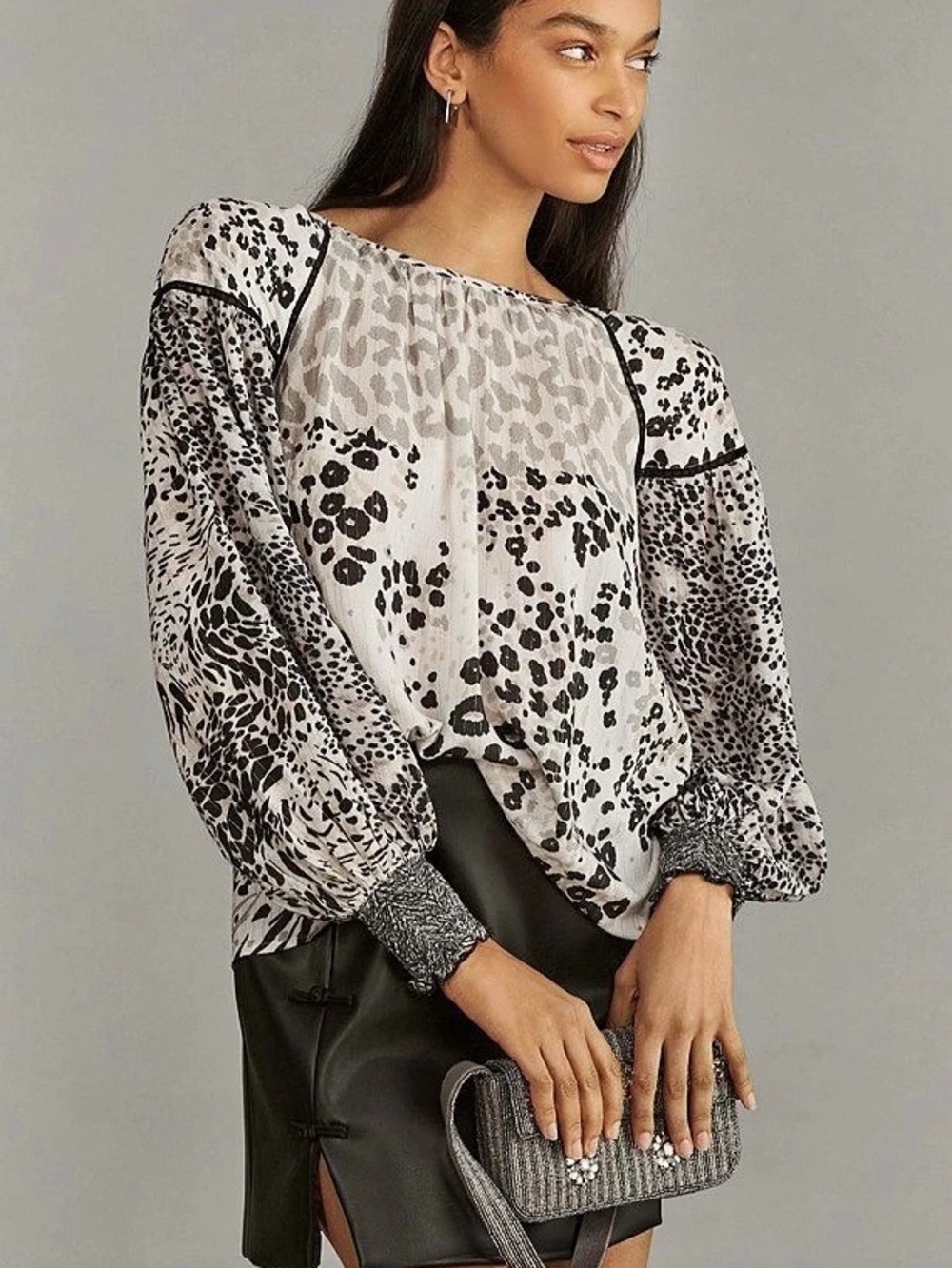 Anthropologie Conditions Apply Biljana Printed Top Metallic Trim Animal Blouse S
